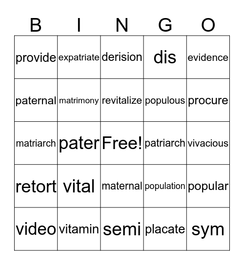 Caesar's Vocabulary Bingo Card