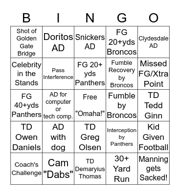 Super Bowl Bingo Card