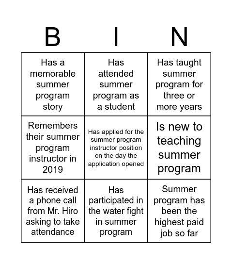 2023 Summer Program BINGO NEW Bingo Card