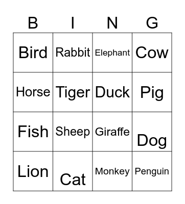 Animal Bingo Card