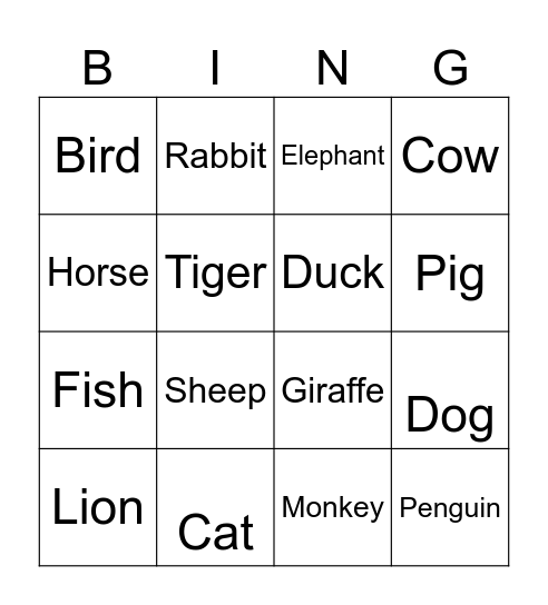 Animal Bingo Card