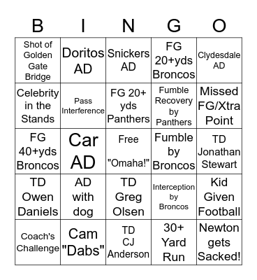 Super Bowl Bingo Card