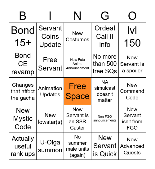 FGO 8th Anniversary Bingo Card