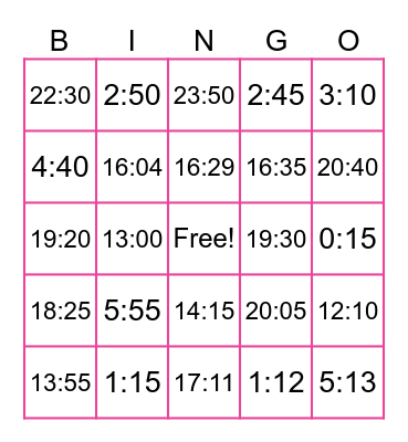 24 Hour Time Bingo Card
