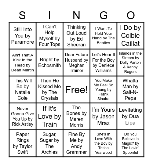 Bridal Shower Singo Bingo Card