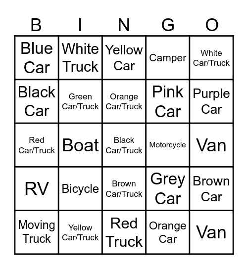 Vehicles Bingo Card