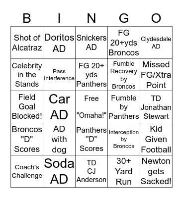 Super Bowl Bingo Card