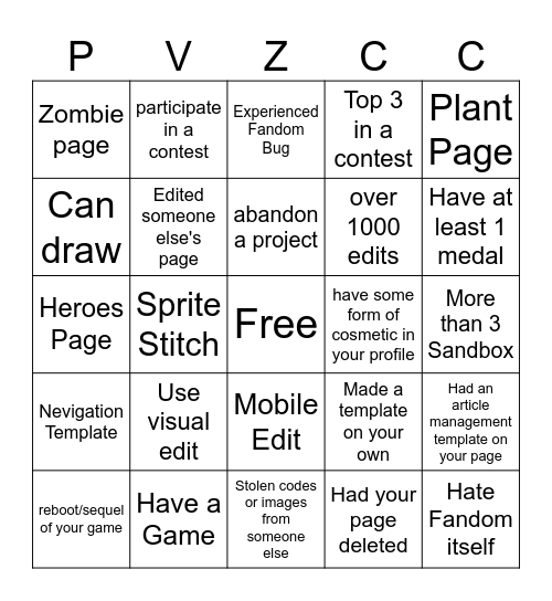 PvZCC Bingo Card