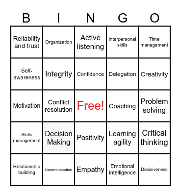 Leadership Skills Bingo Card