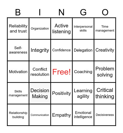 Leadership Skills Bingo Card