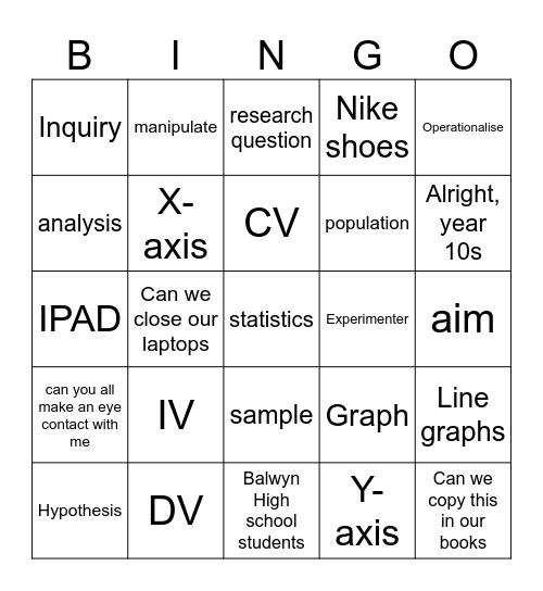 Classroom bingo Card