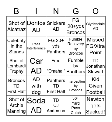 Super Bowl Bingo Card