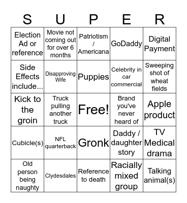 Super Bowl Commercial Bingo! Bingo Card