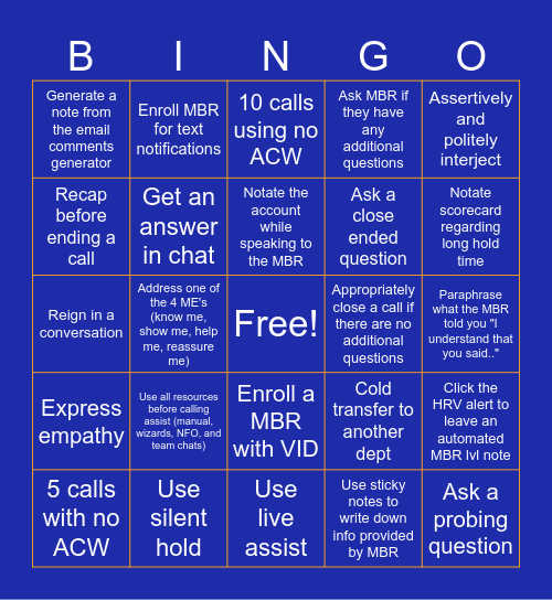 Call Control Bingo Card