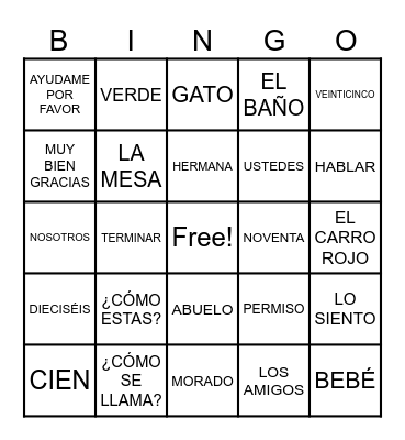 SPANISH BINGO Card