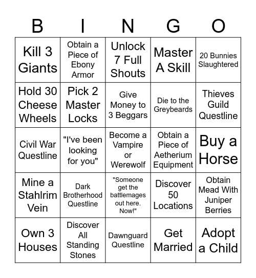 Skyrim Bingo Card