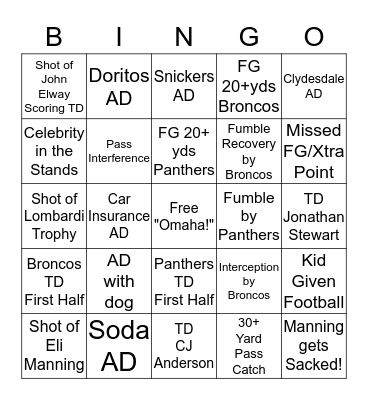 Super Bowl Bingo Card