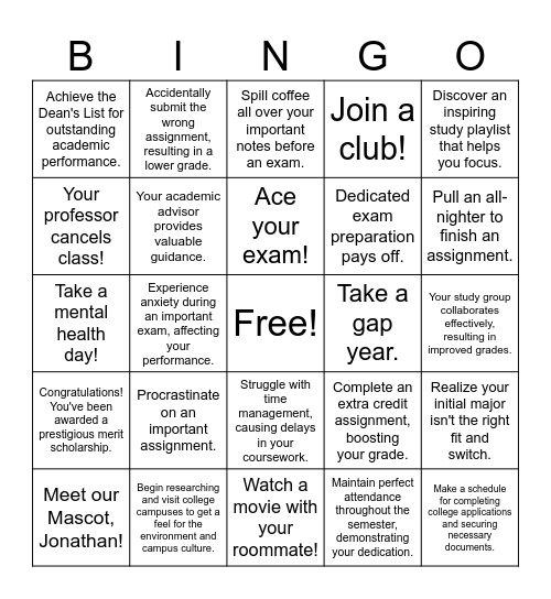 UConn College Journey Bingo Card