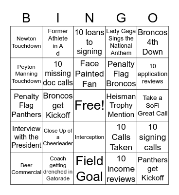 Superbowl Bingo 1st Half Bingo Card