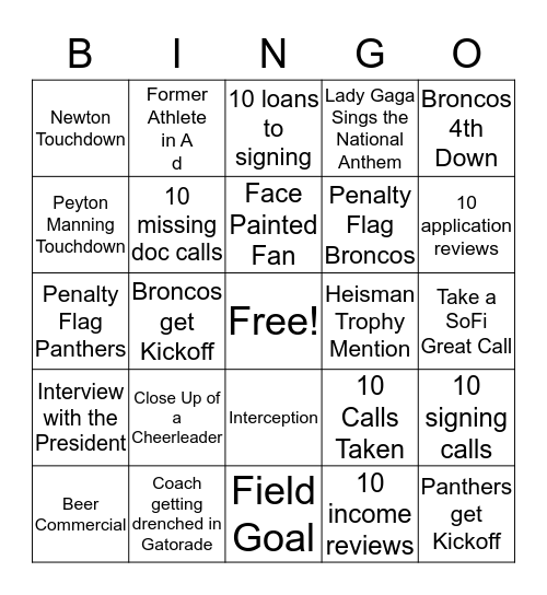 Superbowl Bingo 1st Half Bingo Card