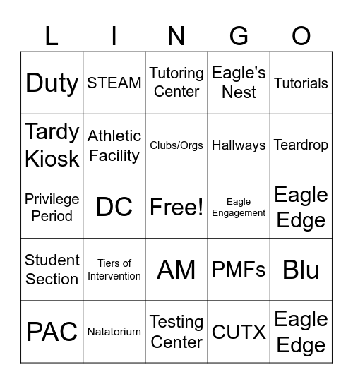 Eagle Lingo Bingo Card