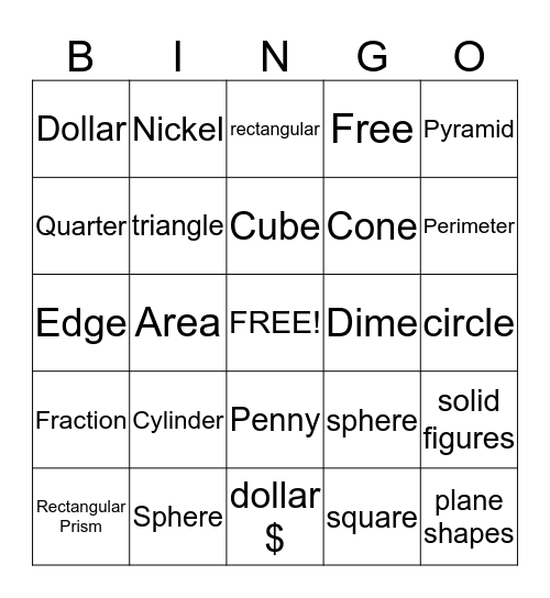 Money/Geometry Bingo Card