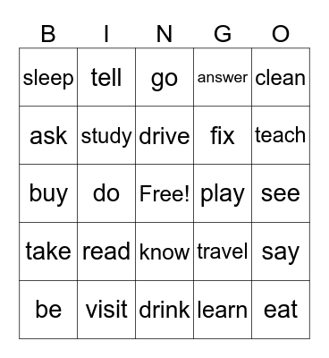 Regular & Irregular Verbs Bingo Card