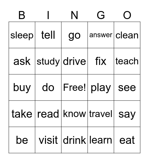 Regular & Irregular Verbs Bingo Card