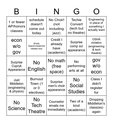 Schedule Shenanigans Bingo Card