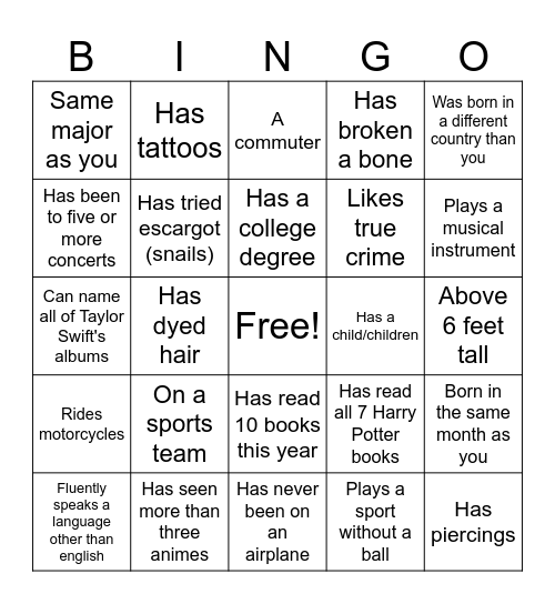 Class of 2027 BINGO Card