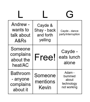 LLG Bingo Card