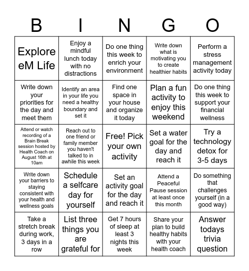 Wellness Bingo GDIT Bingo Card
