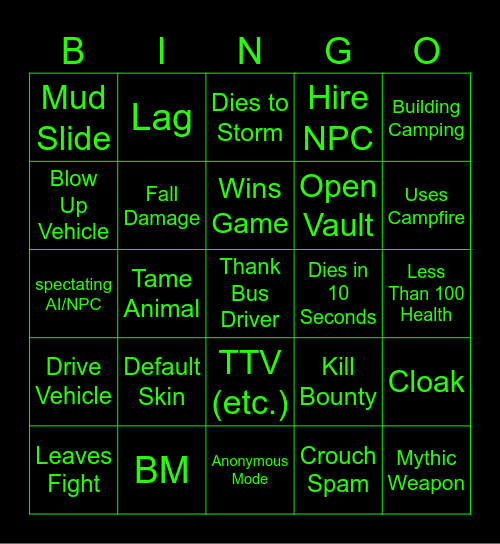 Fortnite Spectator Bingo Card