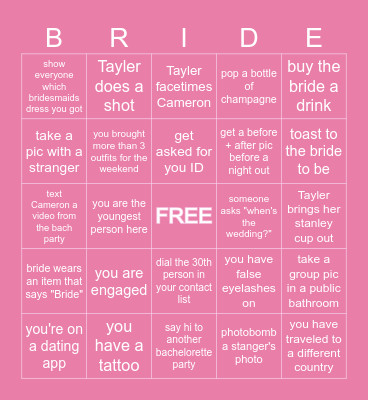 Bachelorette Bingo Card