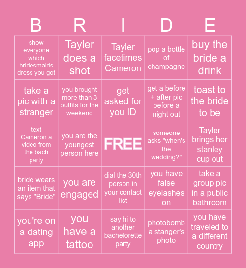 Bachelorette Bingo Card