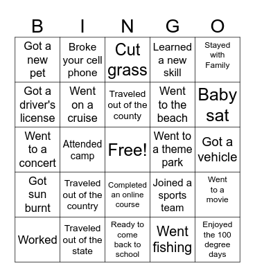 Welcome Back Bingo Card