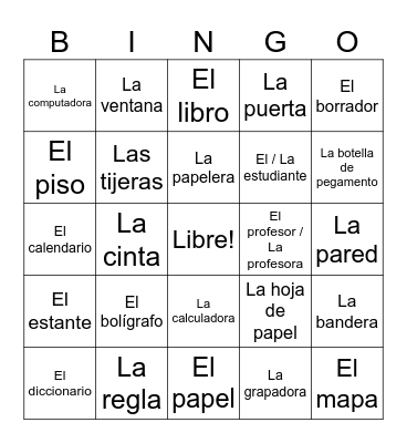 Spanish Classroom Objects Bingo Card