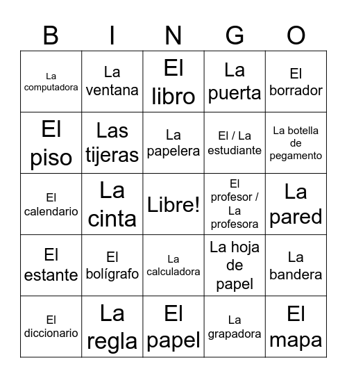 Spanish Classroom Objects Bingo Card