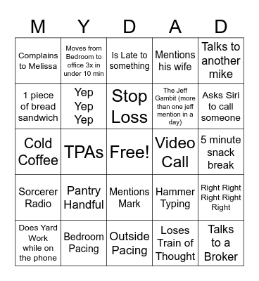 Dad's Working from home Bingo Card