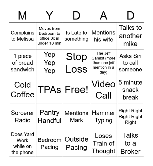 Dad's Working from home Bingo Card