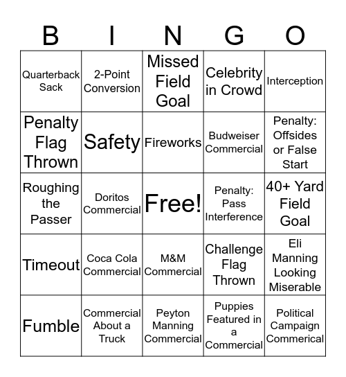 Super Bowl 50 BINGO! Bingo Card