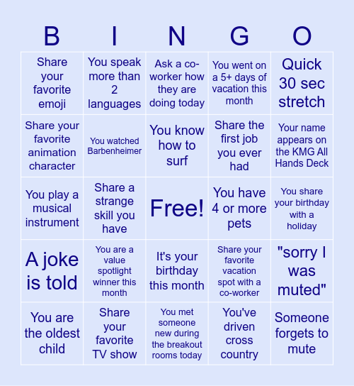 KMG All Hands BINGO Card