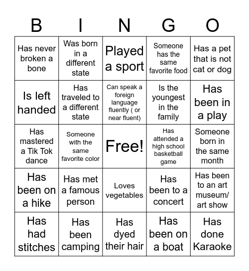 Getting to Know You Bingo Card