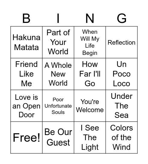 Disney Bingo Card