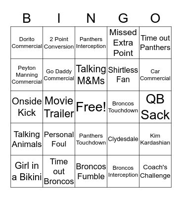 Super Bowl Bingo Card