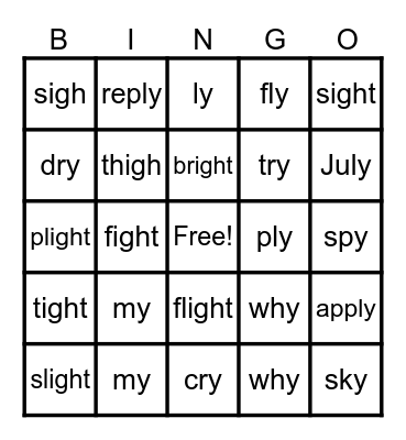 I spelled igh & Y Bingo Card