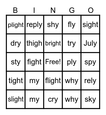 I spelled igh & Y Bingo Card