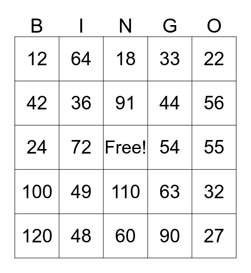 Multiplication Bingo Card