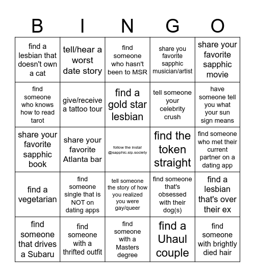 Sapphic Sip Society Kickoff Bingo Card
