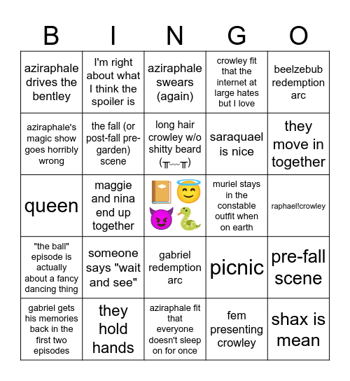 Good Omens S2 Predictions Bingo Card